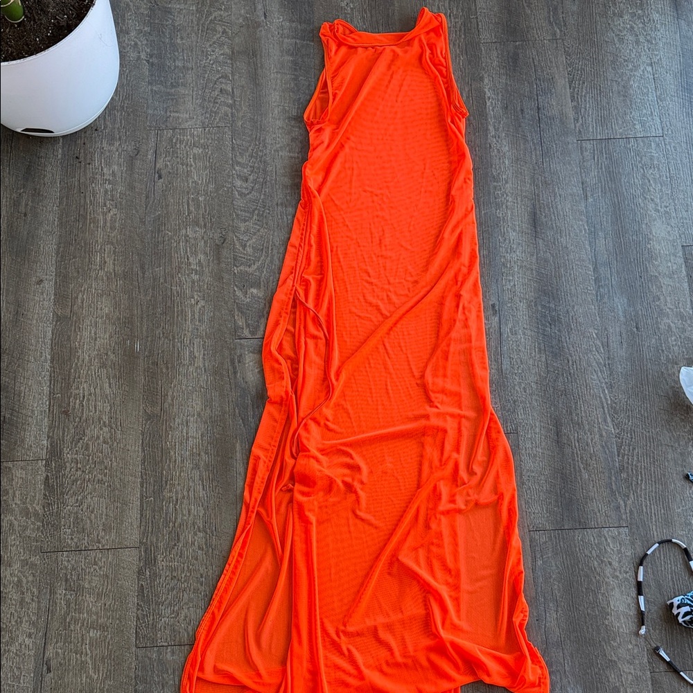 Sheer Neon Orange Maxi beach coverup Dress